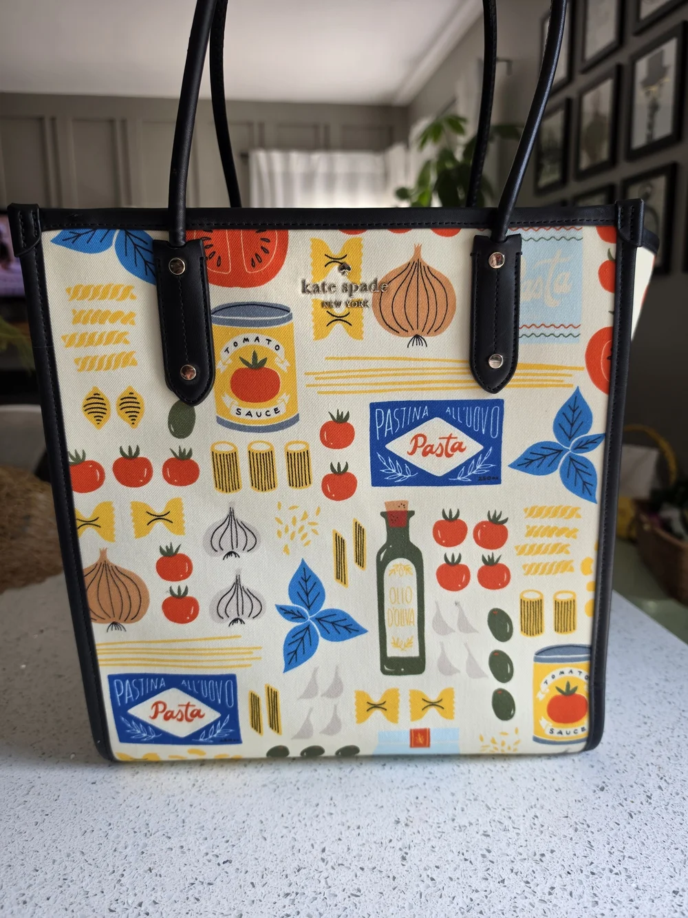 kate spade Multicolor Pasta Market Canvas Tote with Black Trim